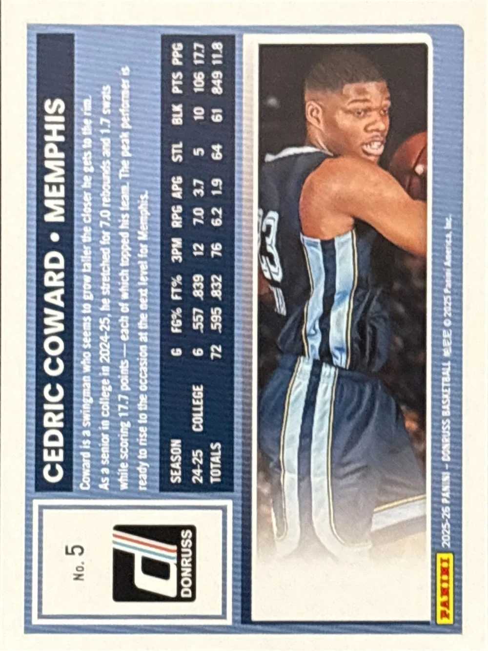Panini Donruss Rated Rookie Cedric Coward Basketball Card
